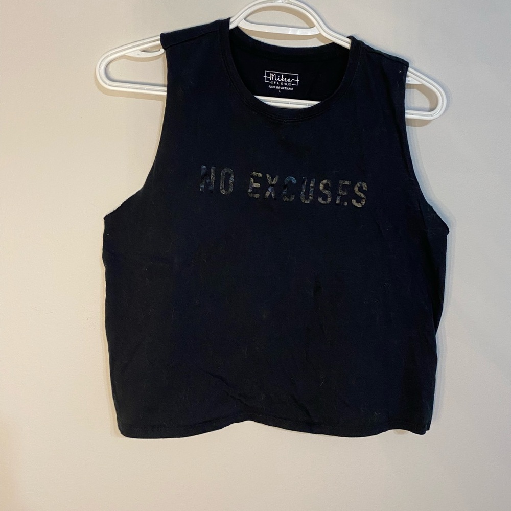 Black Sleeveless Top with 'No Excuses' Print